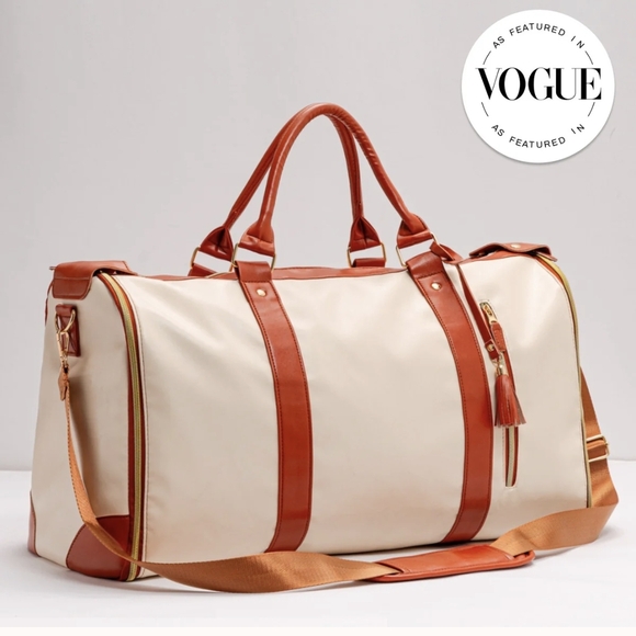 Elegant Tan and Cream Travel Duffel with Wheels - Picture 2 of 6